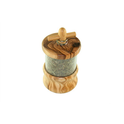 Kräutermühle aus Olivenholz mit Kräutern