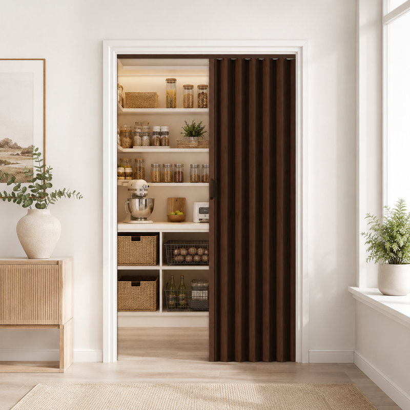 Porte pliante accordéon intérieure en PVC 60 po x 80 po noyer monocouche avec roulettes améliorées, quincaillerie complète et poignées, idéale pour les portes de placard et de salle de bain