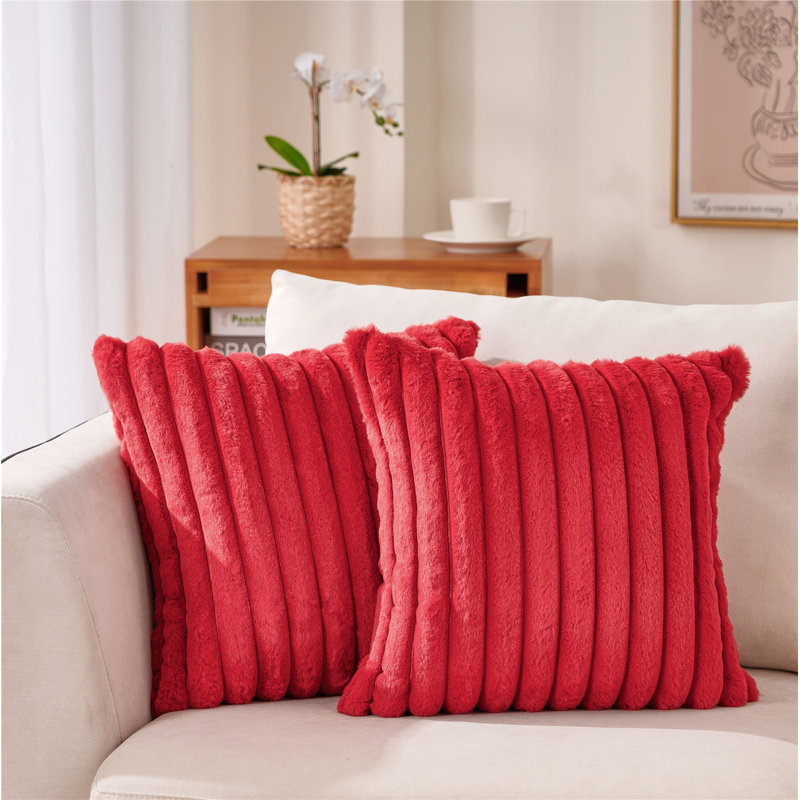 Faux Fur Reversible Throw Pillow, Red, 18"H x 18"W