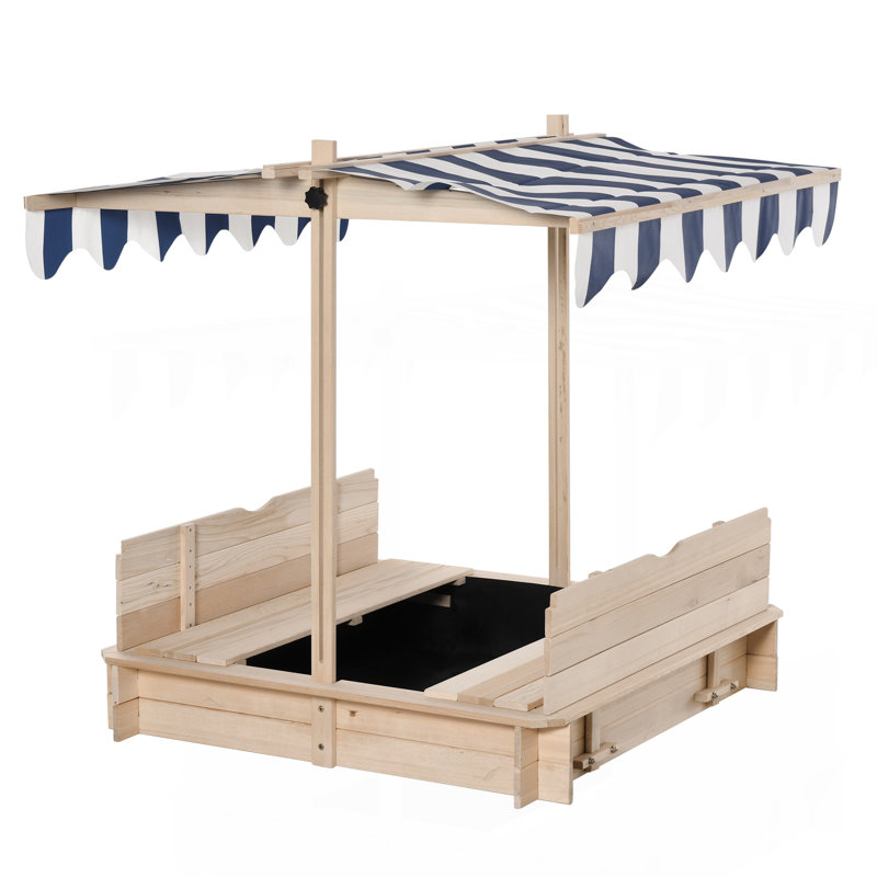 Bac à sable en bois pour enfants avec couvercle, bac à sable pour enfants avec bancs pliables, auvent réglable, doublure inférieure pour l'extérieur, naturel