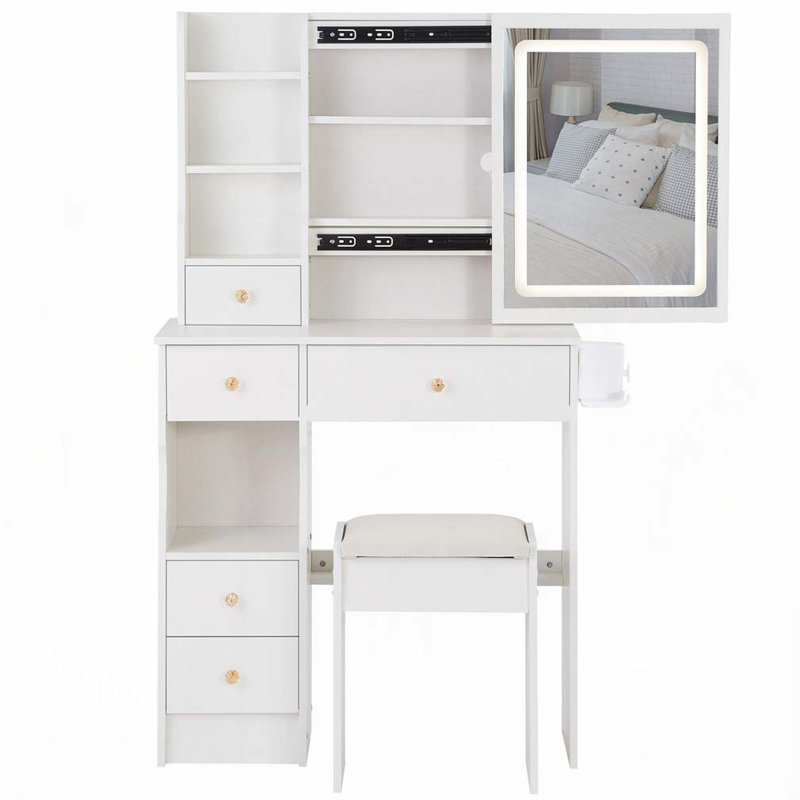 29.2" Small Size Left Drawer Desktop Vanity Table + Cushioned Stool, 2 AC+2 USB Power Station, Hair dryer bracket, Extra Large Touch Control Sliding LED Mirror, Tri-color Switching, Brightness Adjust