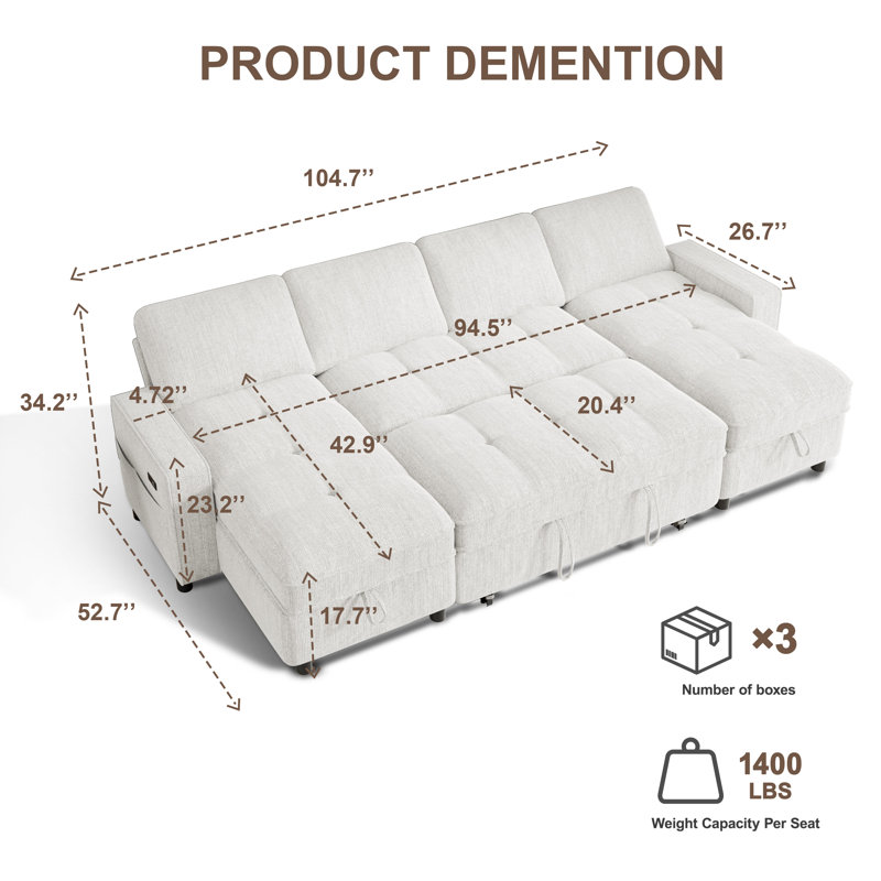 104-Inch U-Shaped Chaise Lounge Sofa, Chenille Fabric, Adjustable Backrest (90°-180°), Storage Pockets, Usb & Type-C Charging Ports, Comfortable And Versatile Sectional Sofa For Living Room