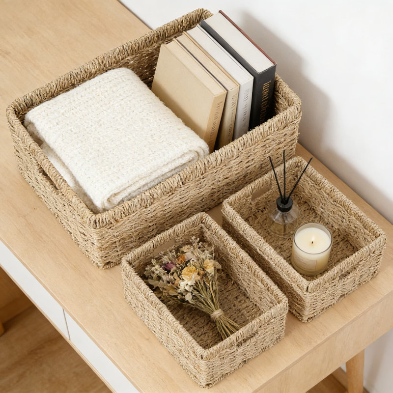 Hand-Woven Paper Rope Storage Baskets, Set Of 3 Stackable Organizer Bins With Handles For Shelves, Closet, Bathroom, And Home Decor