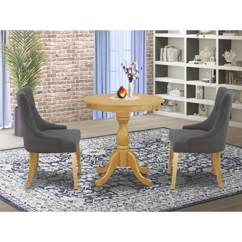3 Piece Dinette Set for Small Spaces Contains a Round Dining Table with Pedestal and 2 Dark Gotham Linen Fabric Upholstered Chairs, Oak