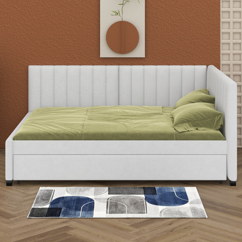 Full Size Upholstered Daybed With Trundle, Beige