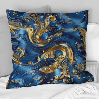 Gold Blue Glam Waves - Gold Throw Pillow