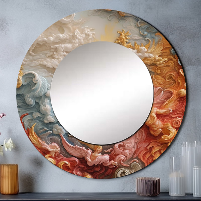 Crème astrologie nébuleuse en marbre V - grand miroir de formes abstraites, miroir mural rond rond rouge, impression d'art en métal