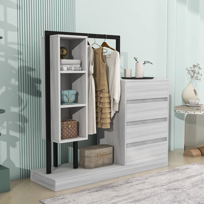 Armoire moderne avec 4 tiroirs, 3 tablettes et tringle à vêtements, Blanc