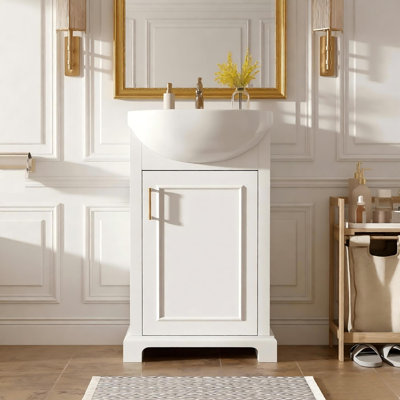 20-inch Bathroom Vanity With Ceramic Sink, Freestanding Single Vanity Set With Soft Closing Door, Bulged Ceramic Basin, French Style, White