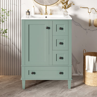 Meuble-lavabo vert clair compact avec lavabo en céramique, design moderne
