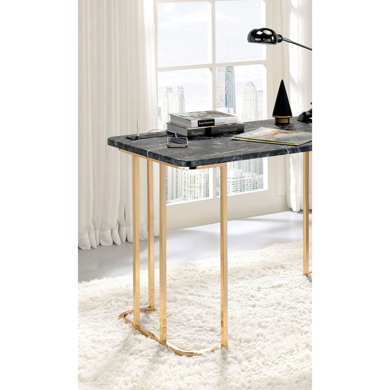 Bureau contemporain avec faux USB en marbre et prise de courant, or / noir