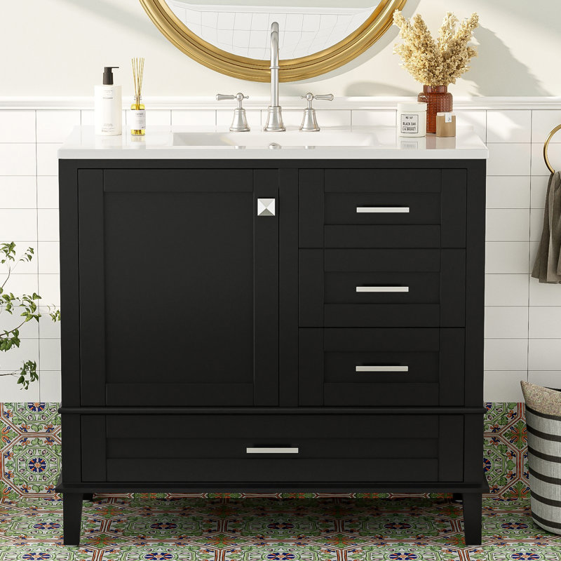 Meuble-lavabo simple 36 po avec comptoir en céramique 36 po, Noir, noir, noir, noir
