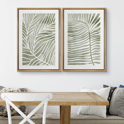 Abstract Botanical "Faded Sage Green Tropical Palm Tree Leaves Artwork, Modern Simple Minimalist Wall Pictures, Framed Canvas Giclee Print 2 Pieces Wall Art Set" 