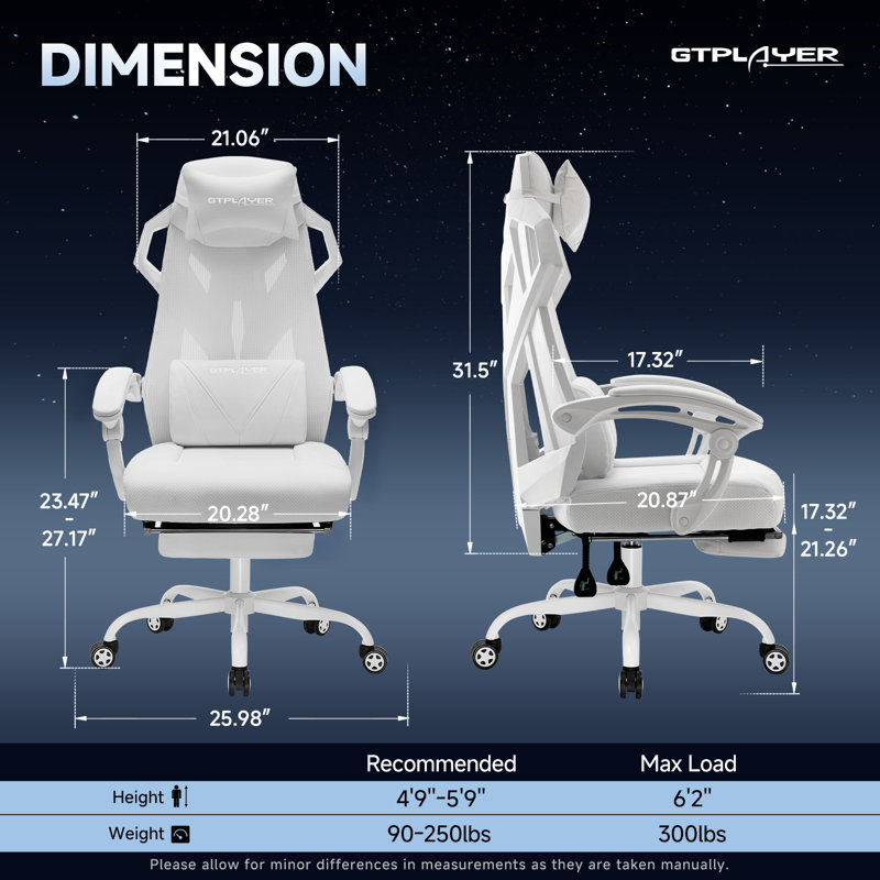 Gaming Chair, Reclining Chair with Mesh Back, Adjustable Headrest, Lumbar Support and Footrest, White