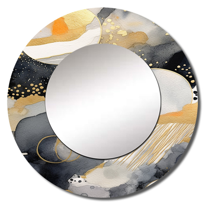 Sandalio pastel abstrait avec taches bleues noires et dorées - miroir géométrique, miroir mural rond doré, impression sur métal