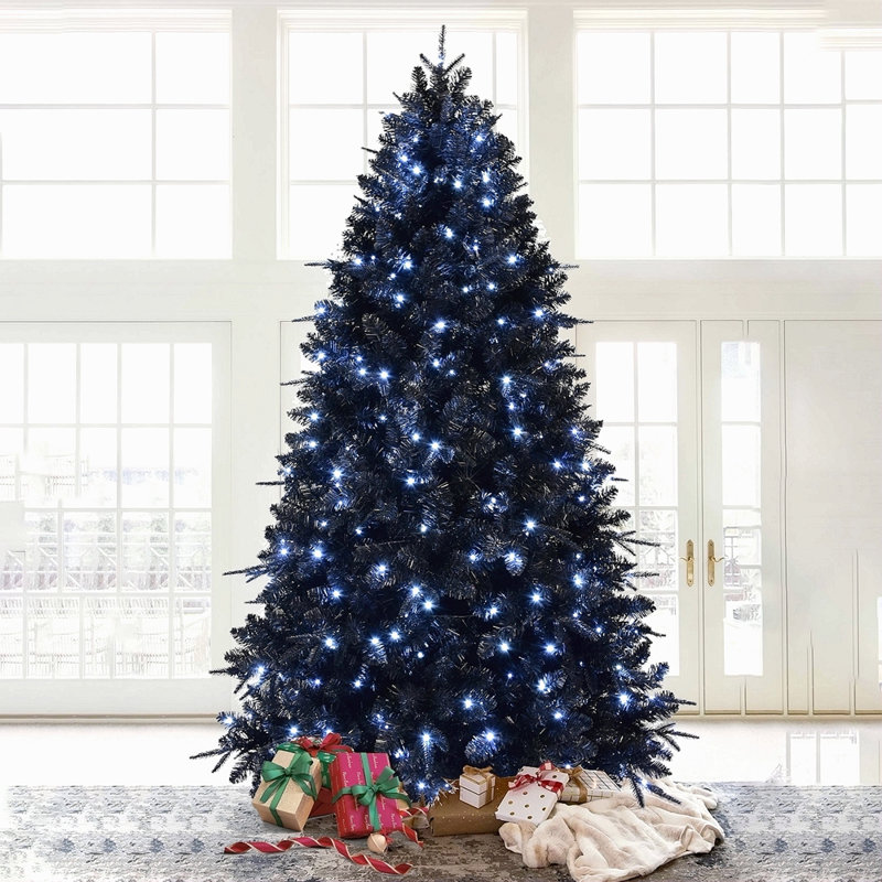 Arbre de Noël noir de 7 pi avec 450 lumières DEL blanches, arbre artificiel en PE + PVC à 1916 pointes pour décoration d'Halloween et des Fêtes, structure à charnières avec support en métal stable