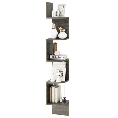 5-Tier Corner Floating Bookshelf Wall Mount Storage Organizer, Engineered Wood Shelf for Small Spaces, Brown Gray