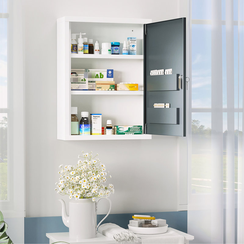 Armoire à pharmacie murale avec serrure - 3 tablettes, gris métallique, rangement pour produits médicaux, fixation murale
