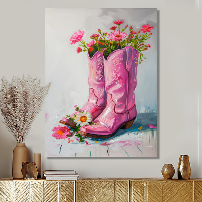 Fleurs roses, bottes de cow-boy, Toile tendue, H 20 po x l 12 po x P 1 po