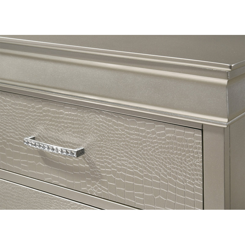Mobilier de chambre à coucher à 5 tiroirs avec commode haute moderne en bois massif à texture de crocodile en bois, Champagne