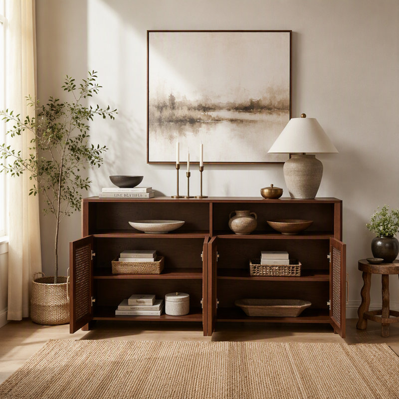 Buffet Mid-Century en rotin de style Mid-Century, Noyer