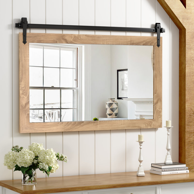 Rustic Farmhouse Solid Wood Accent Mirror Decorative Mirror Rectangle Bathroom Mirror Barn Wall Mirror, 27.4" x 41.5"