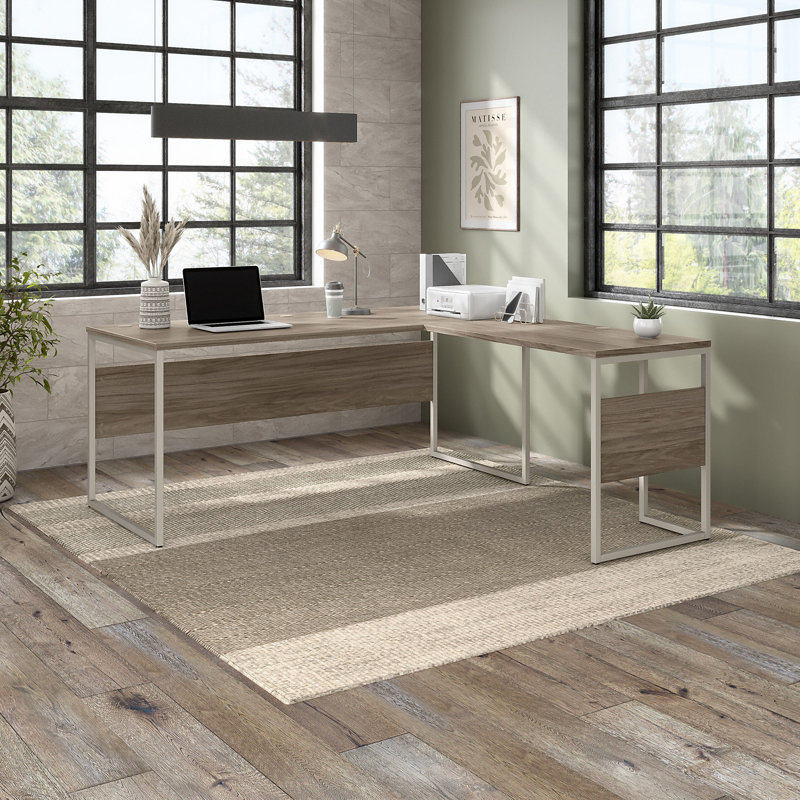 Gaythorne L-Shaped Computer Desk Office Set in Modern Hickory - Reversible, Beige