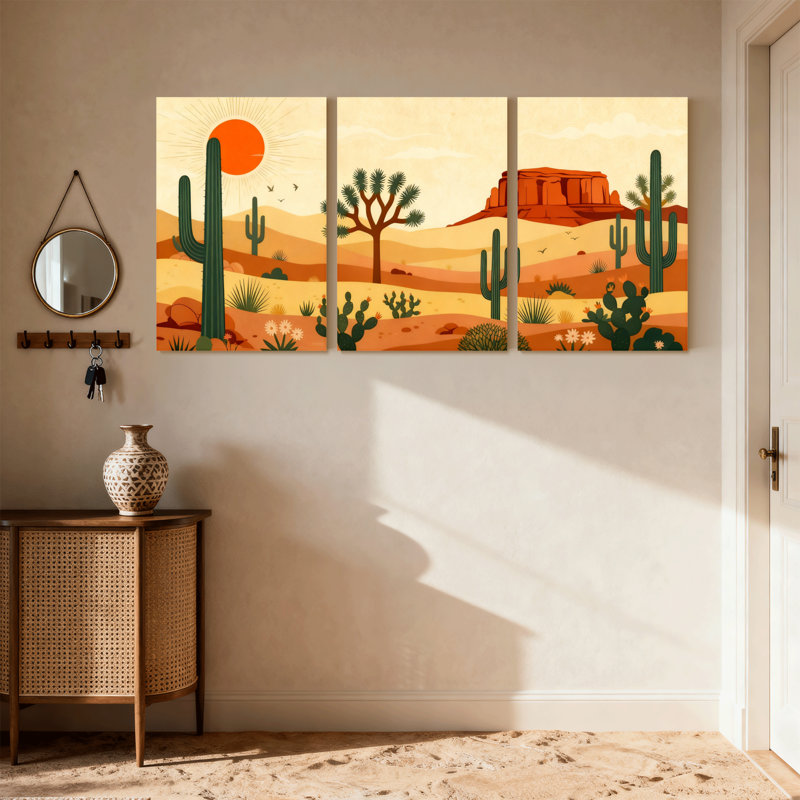 «Landscape & Nature Desert Landscape with Cactus and Sun», ensemble de 3 impressions sur toile, H 18 po x l 36 po