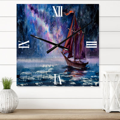 Wooden Sailboat with Red Sails & Bright Night Sky - Nautical & Coastal Wall Clock