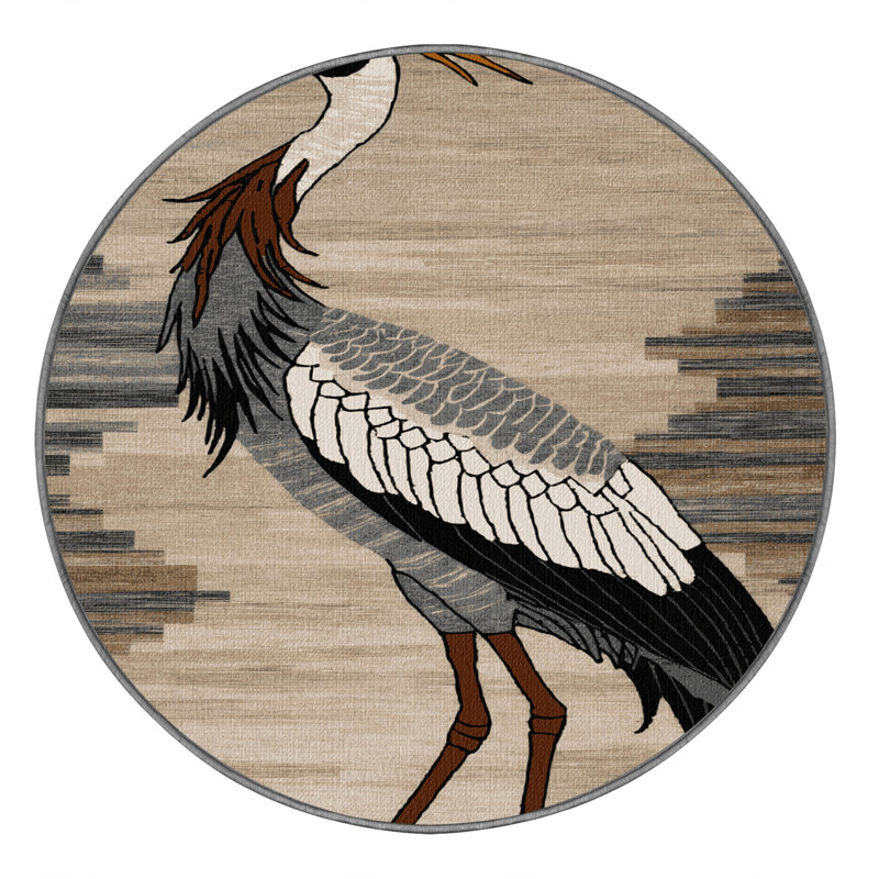 Washable Grey Crowned Crane Wildlife Area Rug, Round 7'