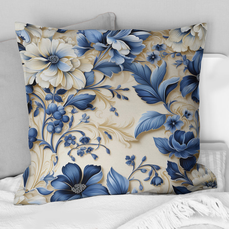 Victorien fleurs bleues et blanches damassées - Abstrait corail multicolore azur - coussin, H 18 po x l 18 po
