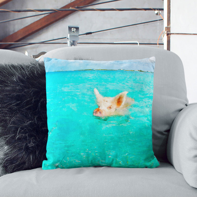 Swimming Pig Painting Square Throw Cushion, 40cm H x 40cm W x 15cm D, Stone