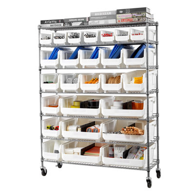 7-Tier Rolling Bin Storage Rack, 26 Organizer Bins, Bin Rack Storage Steel Wire Shelving System with Wheels, Mobile Tool Organizer for Garage, Warehouse, Office, Restaurant, Classroom, Kitchen