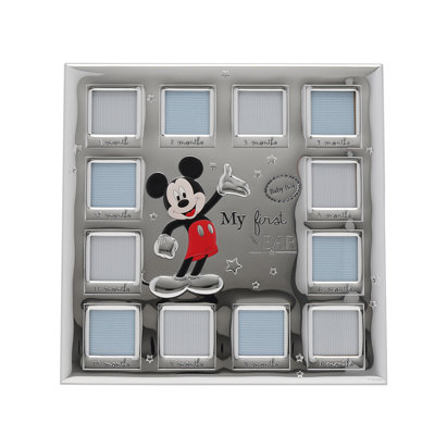 Disney Mickey Mouse 12 Month Multi Aperture Silver Plate Frame With White Wooden Back
