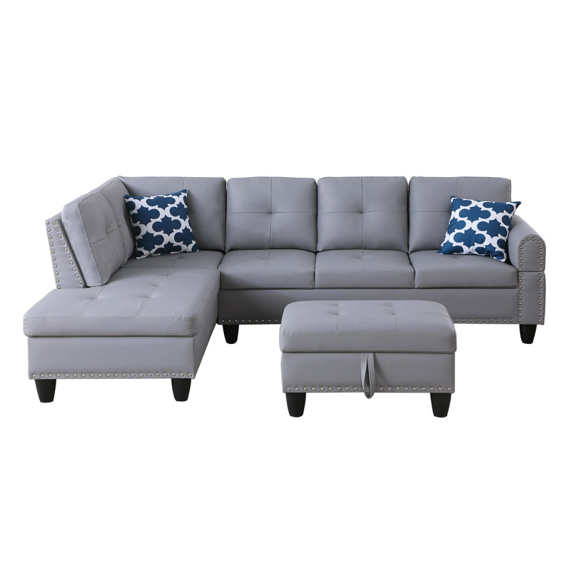 Gray Faux Leather 3 - Piece L Shaped Sectional With Storage And Toss Pillows, Ideal For Movie Game Time, Pull Down Seat Two Cup Holders, Rounded Arms, Subtle Tufting, Nailhead Trim, Solid Wood Frame,