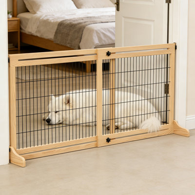 Barrière pour animaux réglable en bois, clôture pour chien autoportante pour hall d'entrée, 3 panneaux avec barrière de sécurité, porte verrouillable, naturel, l 41 à 72 po x P 14 po x H 27 po
