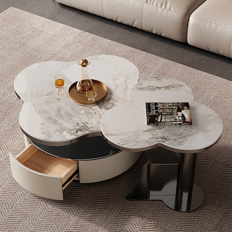Table basse moderne en acier inoxydable, Blanc / Gris