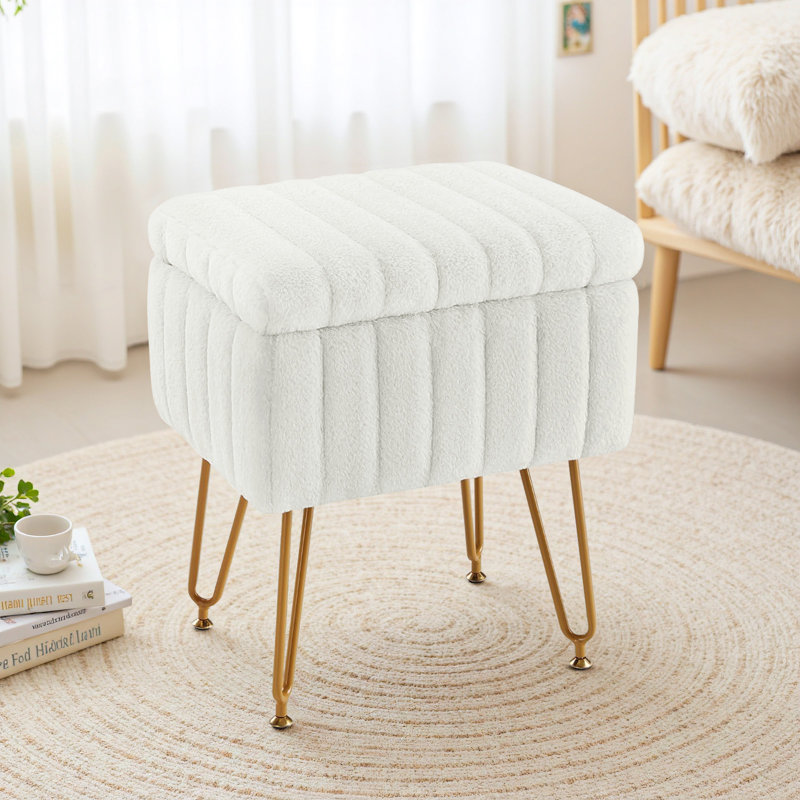 Tabouret de coiffeuse moderne avec 4 pieds en métal et rangement, repose-pieds multi-usage pour chambre de maquillage, Blanc