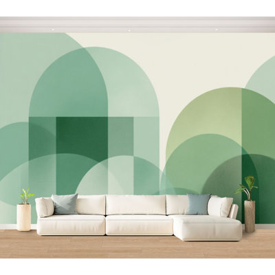 Wall Mural Peel and Stick Wallpaper Minimalist Geometric Abstract Design Green Arched Patterns Self-Adhesive Removable Contact Paper Wall Decor for Living Room Bedroom 100"H x 144"W
