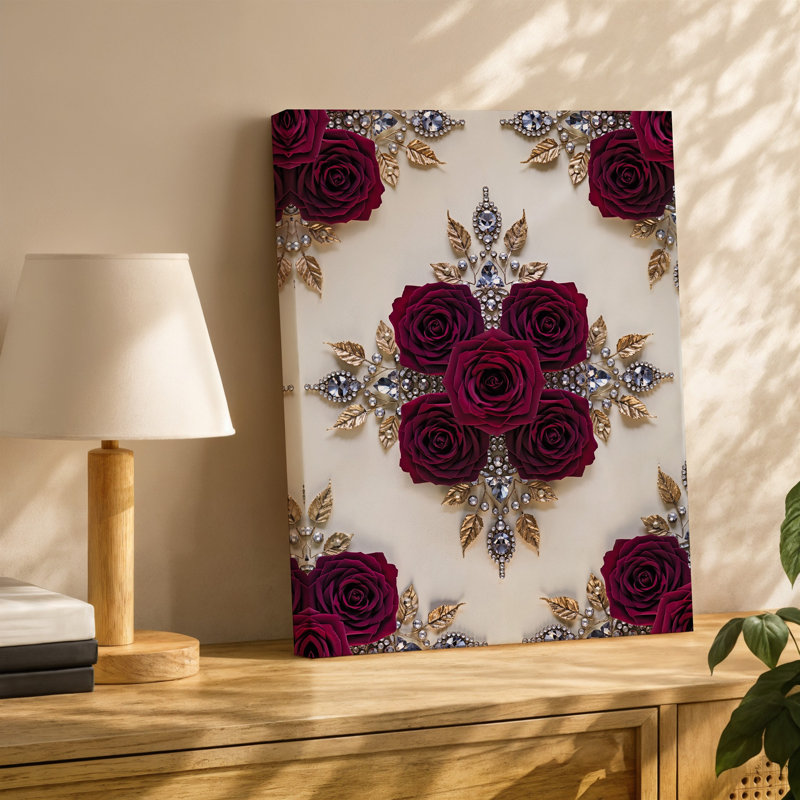 Toile, design luxueux et élégant mettant en vedette des roses bourgogne profondes, art mural délicatement encadré de losanges