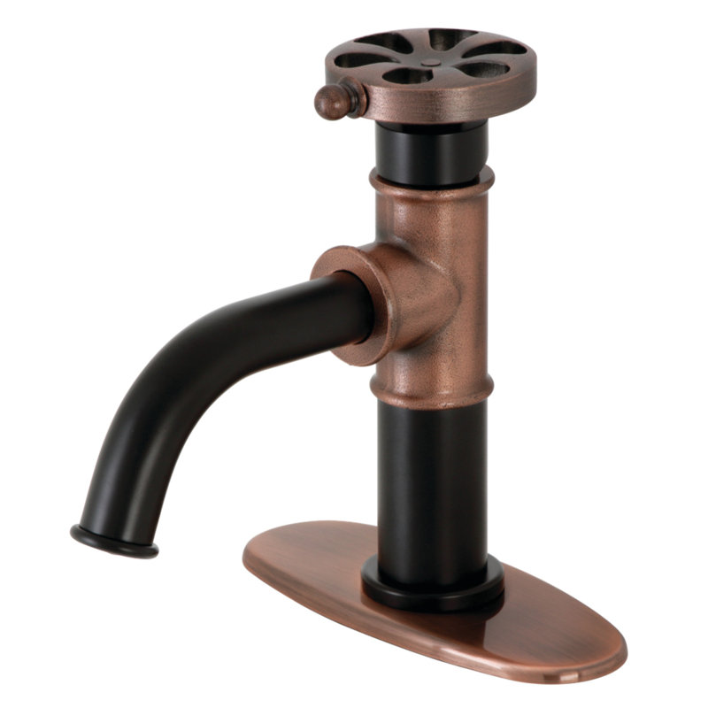 Kingston Brass Belknap Single-Handle 1-Hole Deck Mount Bathroom Faucet with Push Pop-Up and Deck Plate, Antique Copper