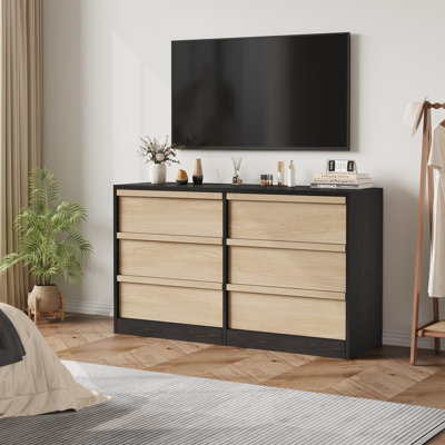 Commode 6 tiroirs en chêne naturel, commode de 46 po de largeur pour la chambre à coucher, le salon, la chambre de bébé et le vestibule