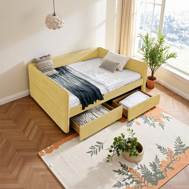 Grand lit de jour Boucle avec tiroirs - Canapé-lit élégant pour la chambre à coucher, la chambre d'amis ou le bureau, Jaune