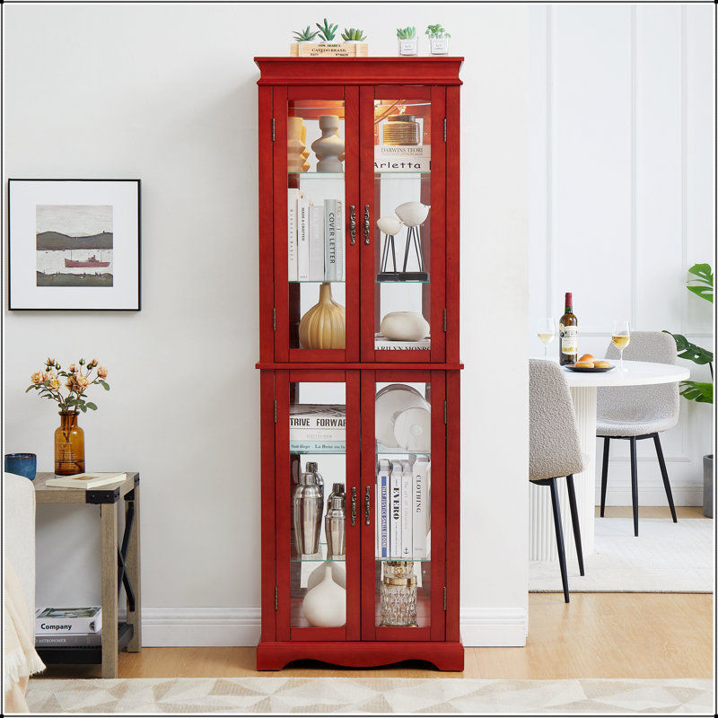 Vitrine lumineuse en verre avec tablettes réglables, parfaite pour mettre en valeur des objets de collection et des bouteilles de vin.