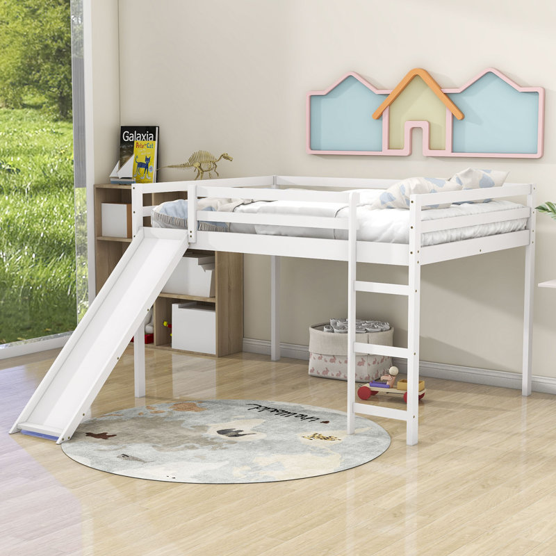 Lit mezzanine double avec glissoire Hallema, Blanc