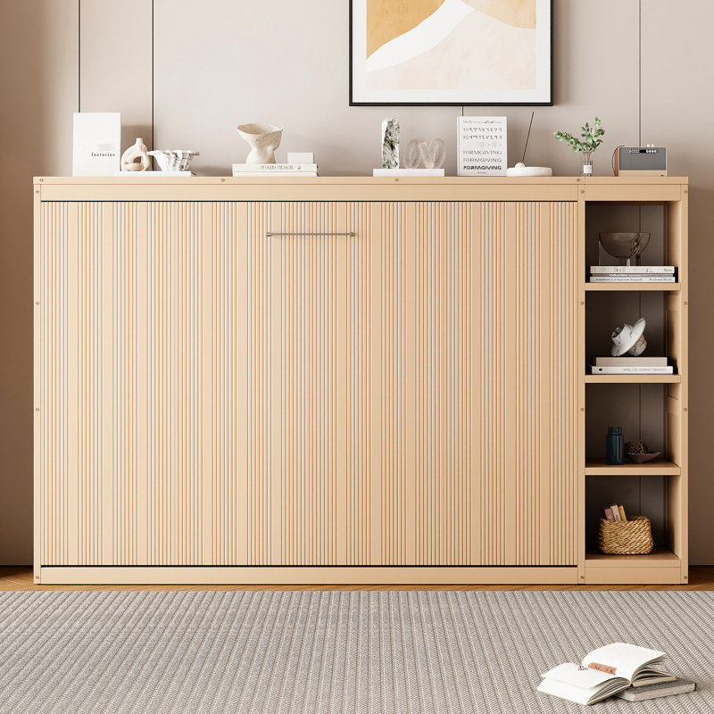 Lit double naturel avec bibliothèque et construction, pliable pour économiser de l'espace à la maison, rangement, support de matelas à lattes de bois, facile à assembler avec une construction pratique, -