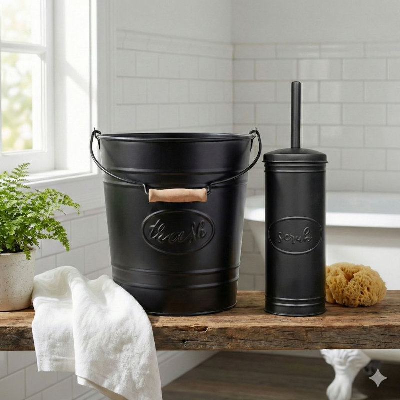 Jeromy Farmhouse Bathroom Accessory Set- Trash can, toilet brush, Matte Black