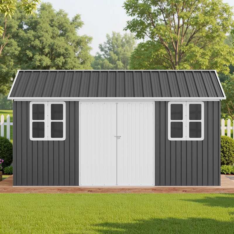 12 × 14 × 8.5 ft Galvanized-Steel Nordic Cottage Outdoor Storage Shed with Two 4-Panel Windows & Lockable Door – Dark Grey/White