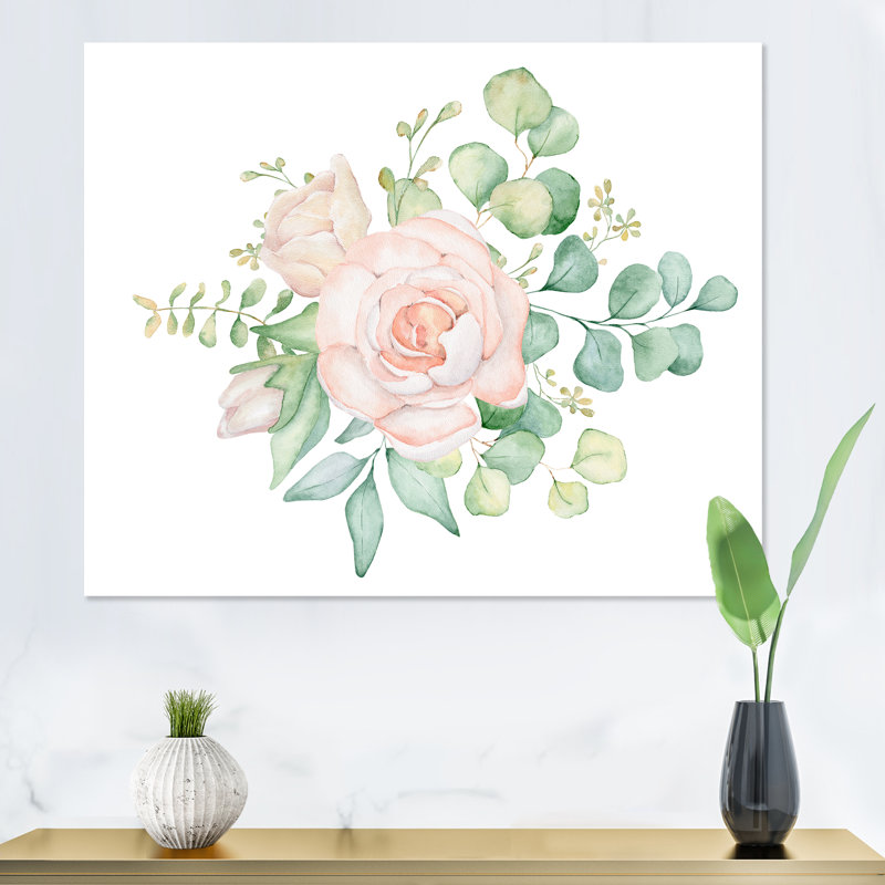 Bouquet de fleurs de rose et d'eucalyptus - Peinture sur toile, H 12 po x l 20 po x P 1 po, Toile tendue
