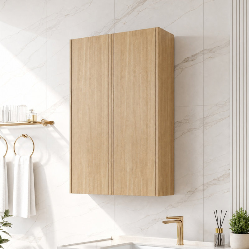24" Wall Mounted Bathroom Side Cabinet, Natural, 35.44" H x 23.62" W x 9.81" D